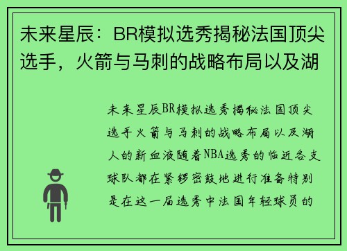 未来星辰：BR模拟选秀揭秘法国顶尖选手，火箭与马刺的战略布局以及湖人的新血液