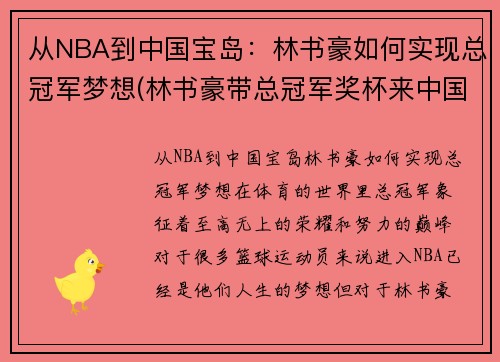 从NBA到中国宝岛：林书豪如何实现总冠军梦想(林书豪带总冠军奖杯来中国)