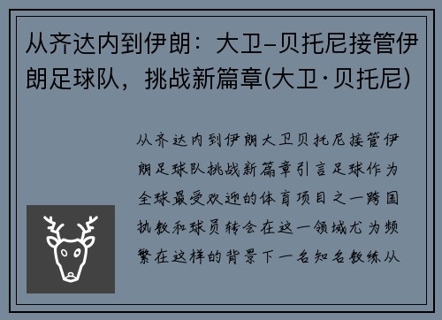 从齐达内到伊朗：大卫-贝托尼接管伊朗足球队，挑战新篇章(大卫·贝托尼)